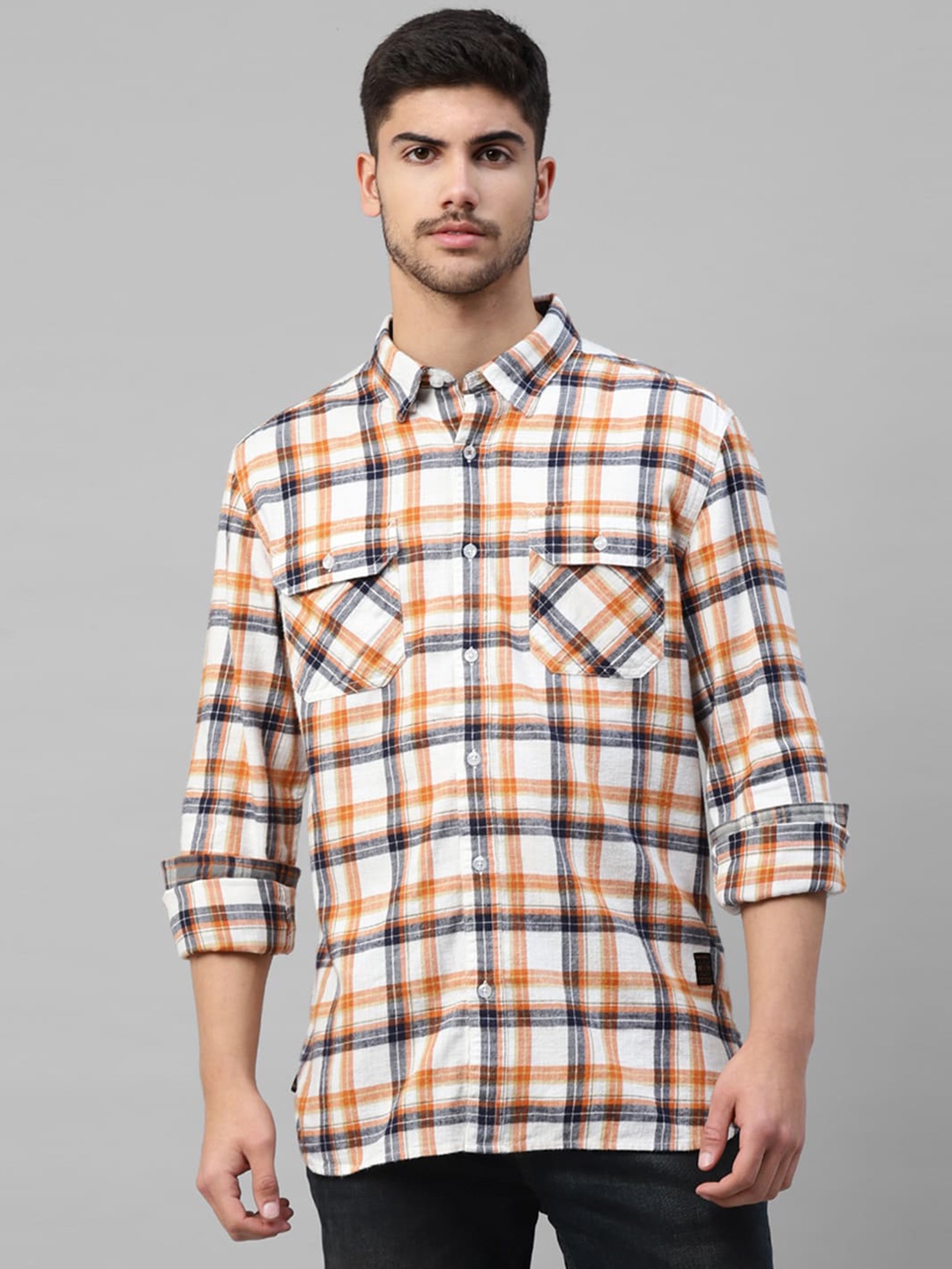 

Royal Enfield Men Cotton Tartan Checked Casual Shirt, White