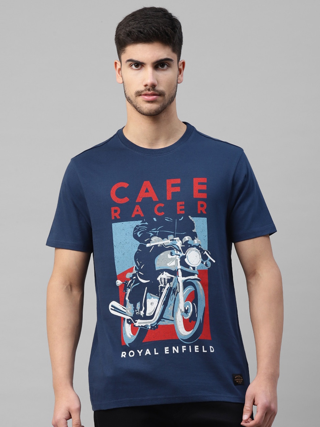 

Royal Enfield Biker Printed Cotton T-shirt, Navy blue