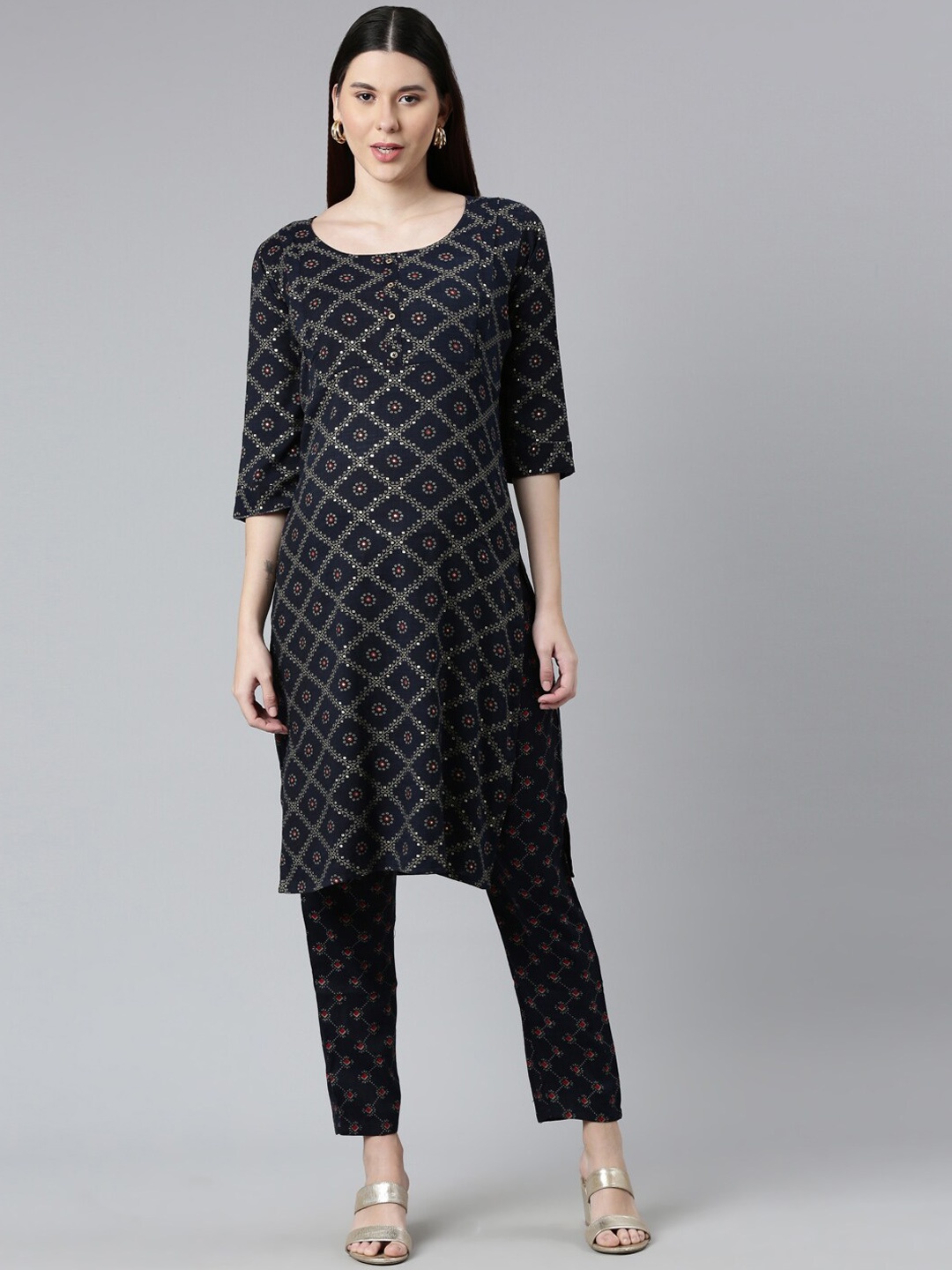 

GOLDSTROMS Maternity Ethnic Motifs Printed Kurta with Trousers, Navy blue