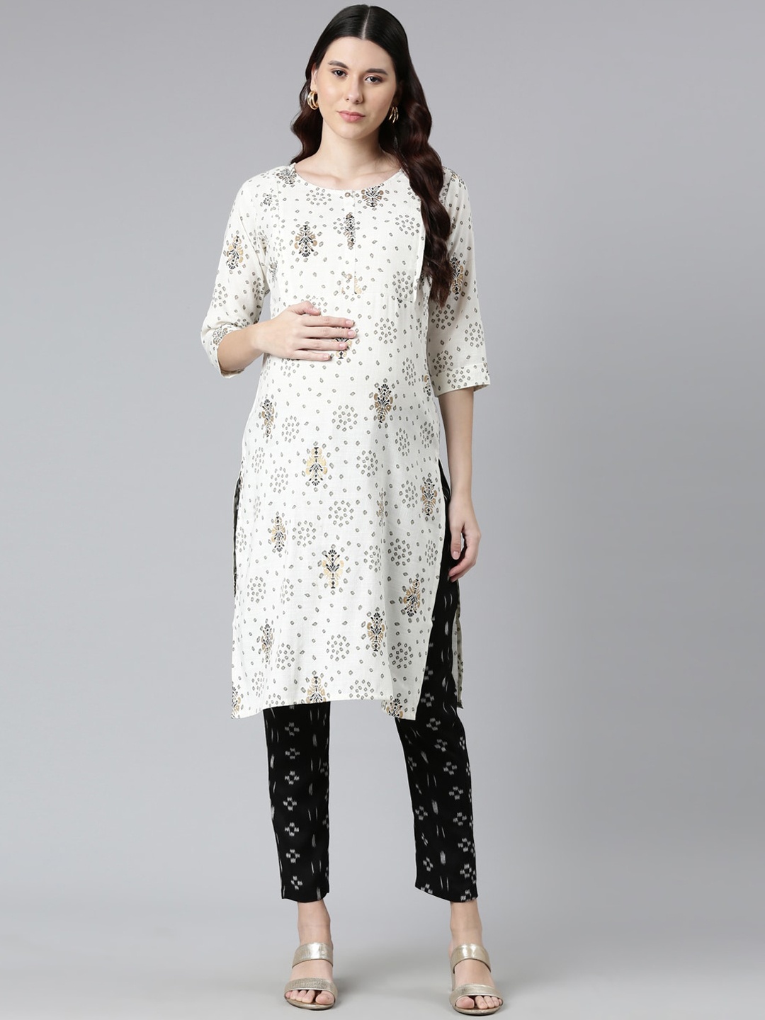 

GOLDSTROMS Maternity Ethnic Motifs Printed Kurta with Trousers, White