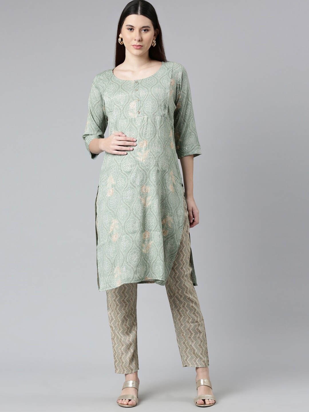 

GOLDSTROMS Maternity Ethnic Motifs Printed Kurta with Trousers, Green