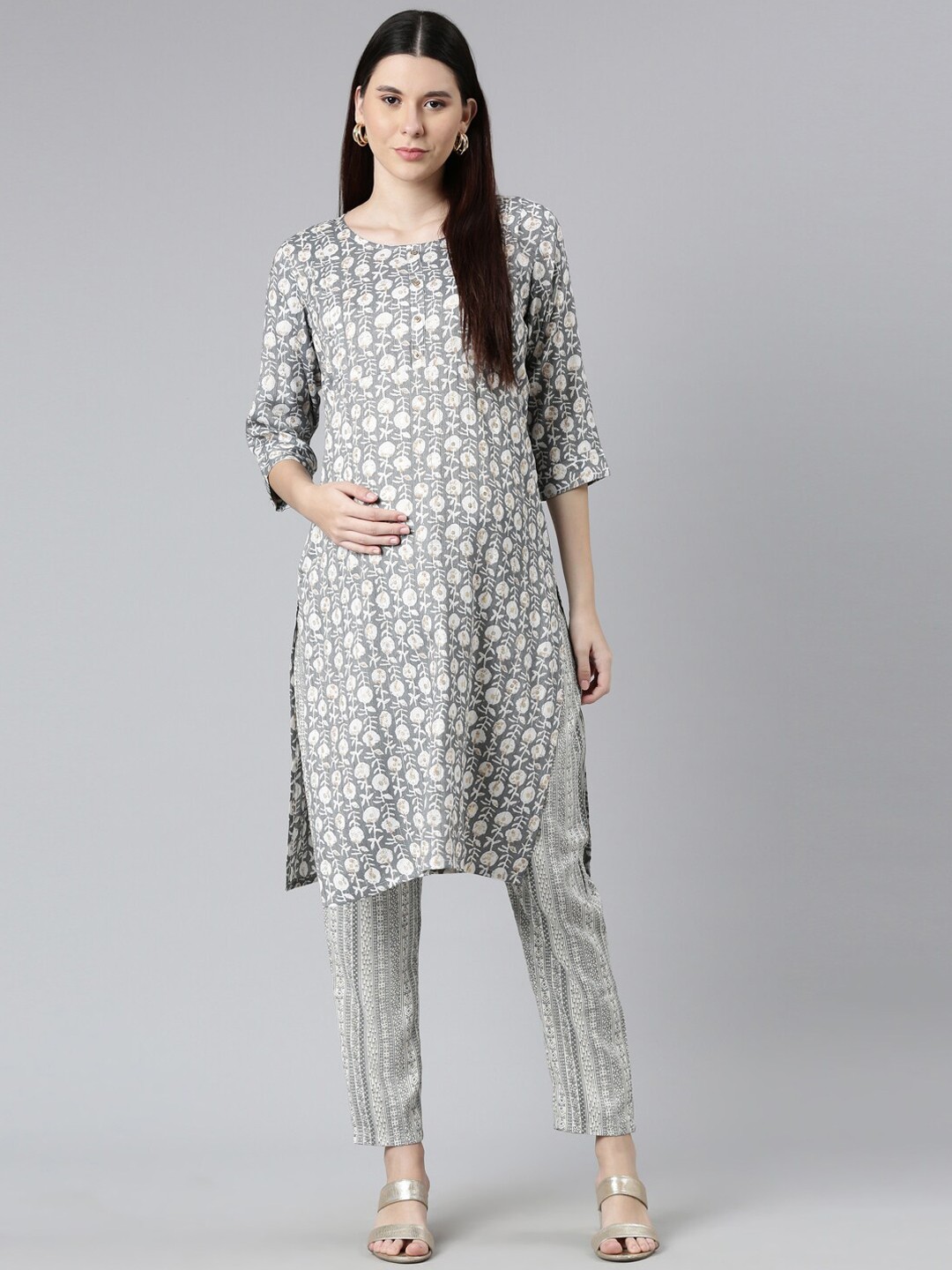 

GOLDSTROMS Maternity Floral Printed Regular Kurta with Trousers, Grey