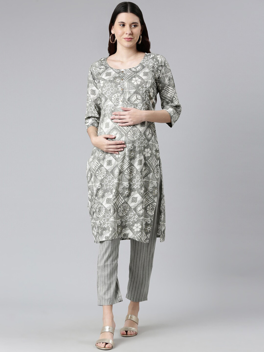

GOLDSTROMS Maternity Ethnic Motifs Printed Kurta with Trousers, Grey