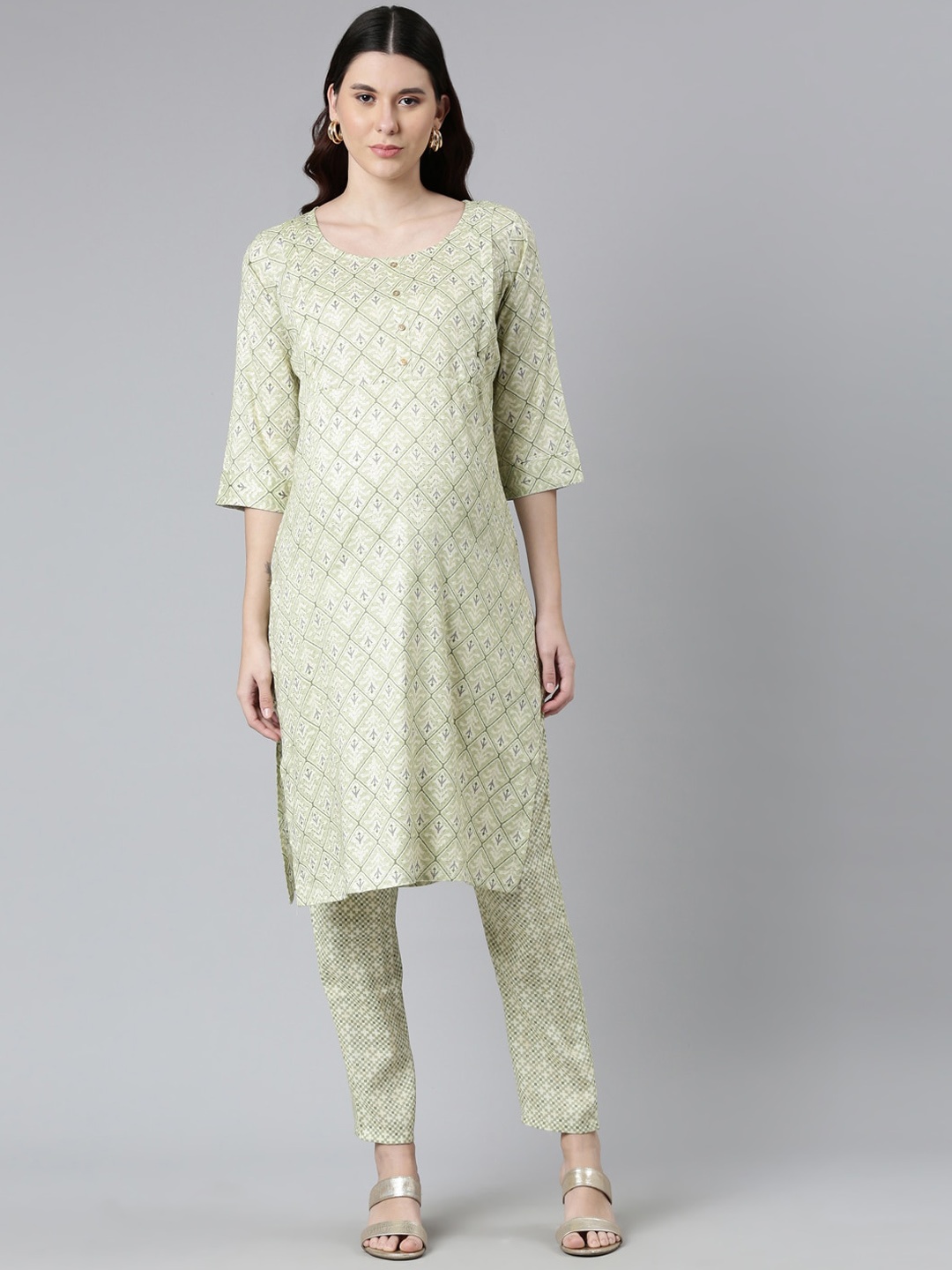 

GOLDSTROMS Maternity Ethnic Motifs Printed Kurta with Trousers, Green