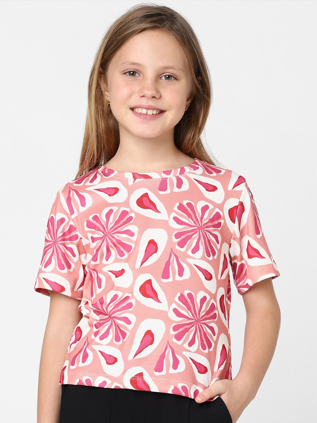 

KIDS ONLY Girls Floral Printed Round Neck T-shirt, Pink