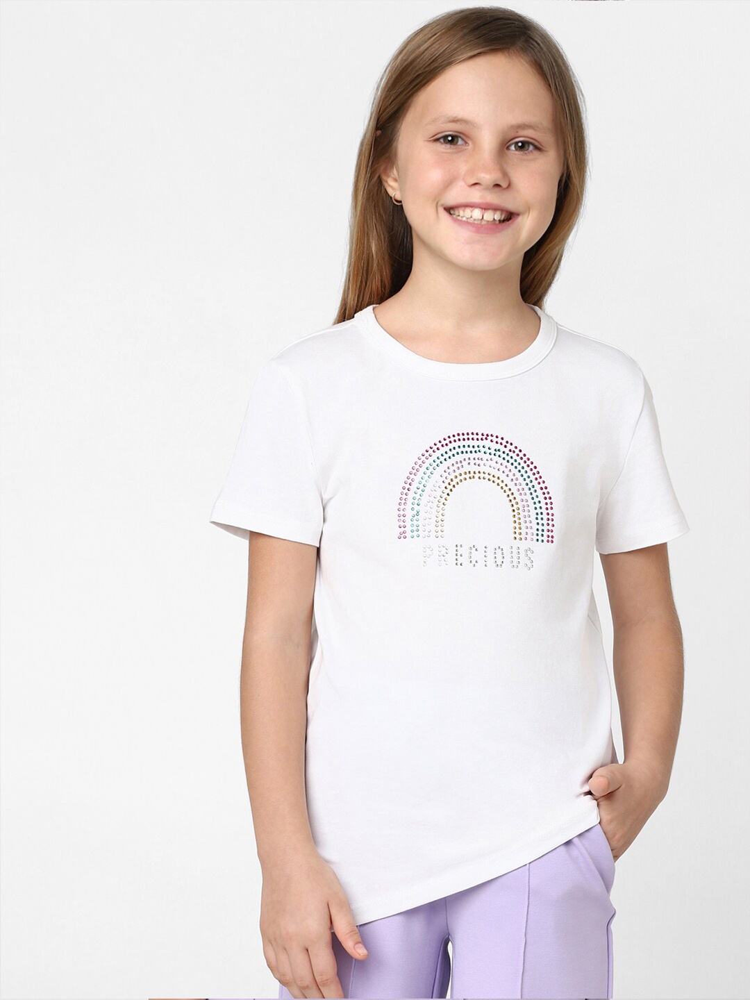 

KIDS ONLY Girls Embellished Printed Round Neck Cotton T-shirt, White