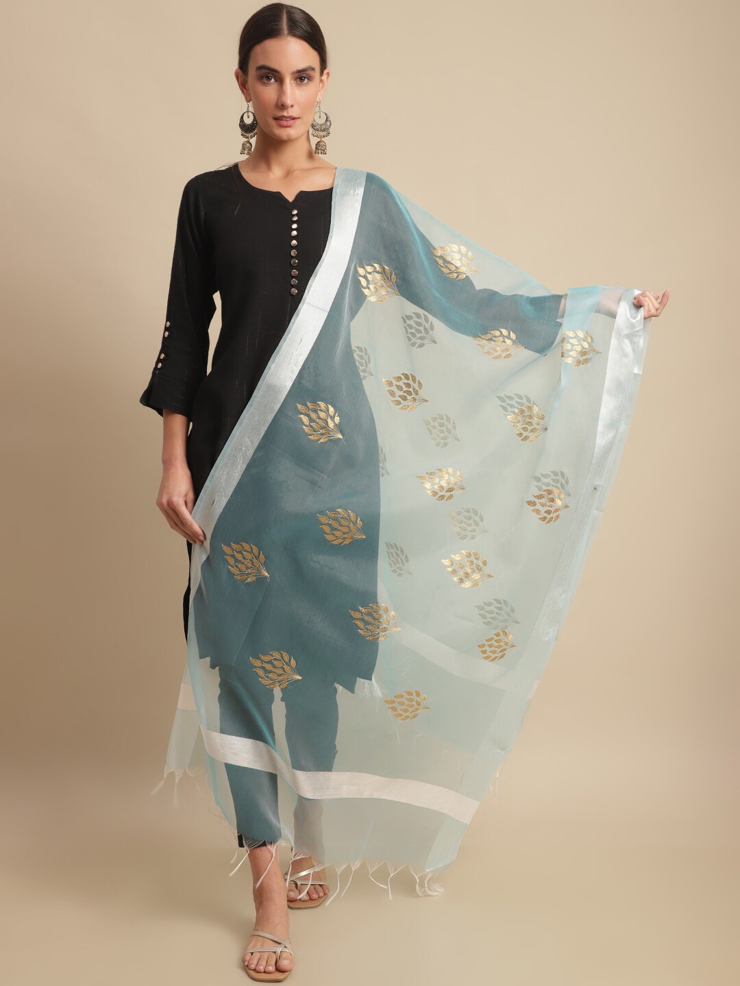 

LOOM LEGACY Embroidered Organza Dupatta, Turquoise blue