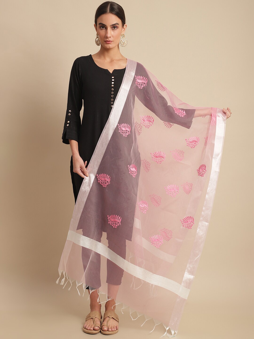 

LOOM LEGACY Ethnic Motifs Embroidered Organza Dupatta, Pink