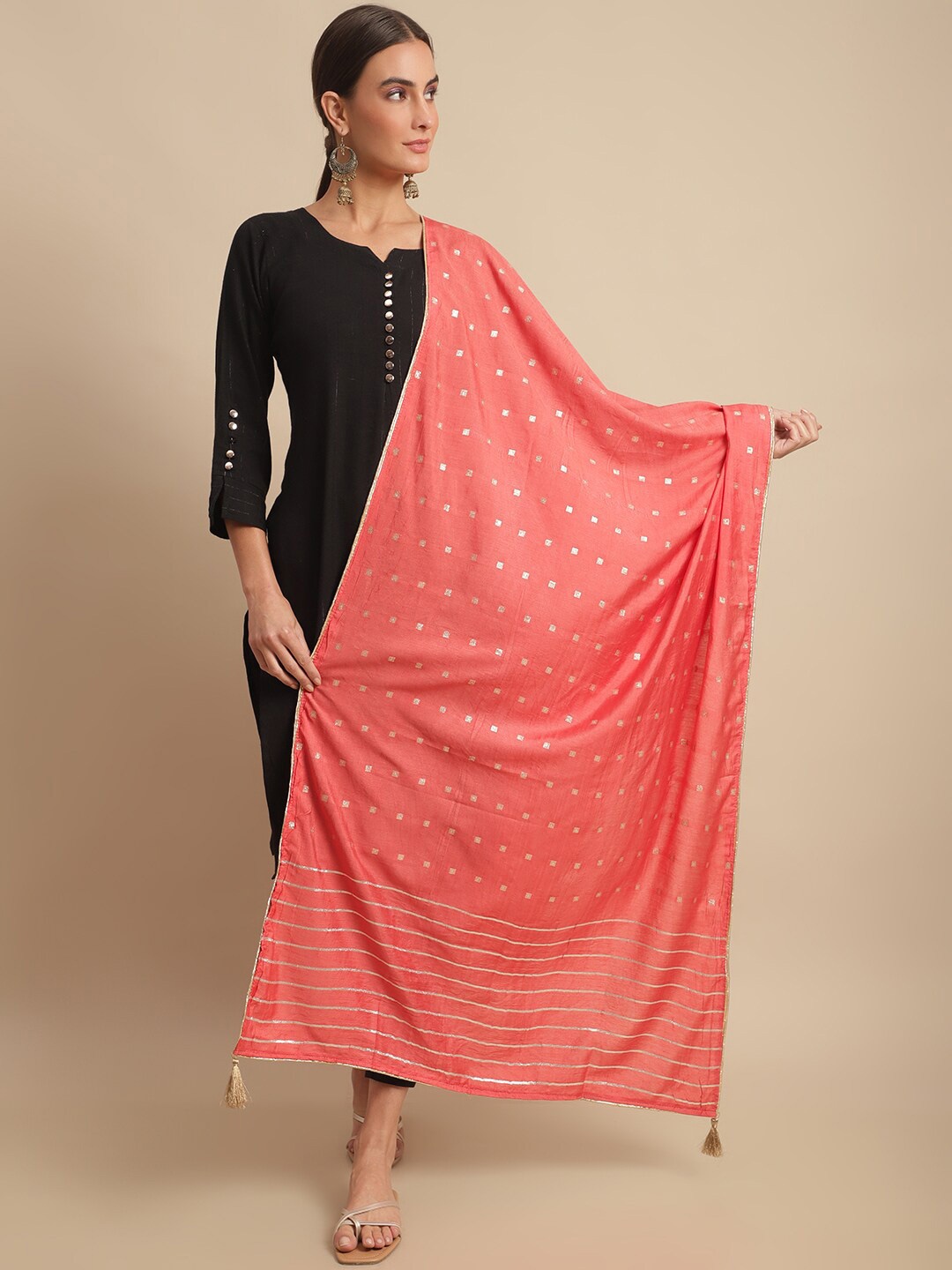 

LOOM LEGACY Striped Woven Design Dupatta, Orange