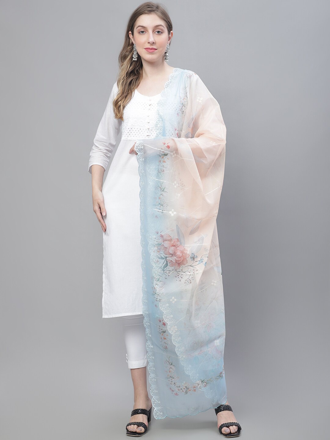 

LOOM LEGACY Floral Printed Organza Dupatta, Blue