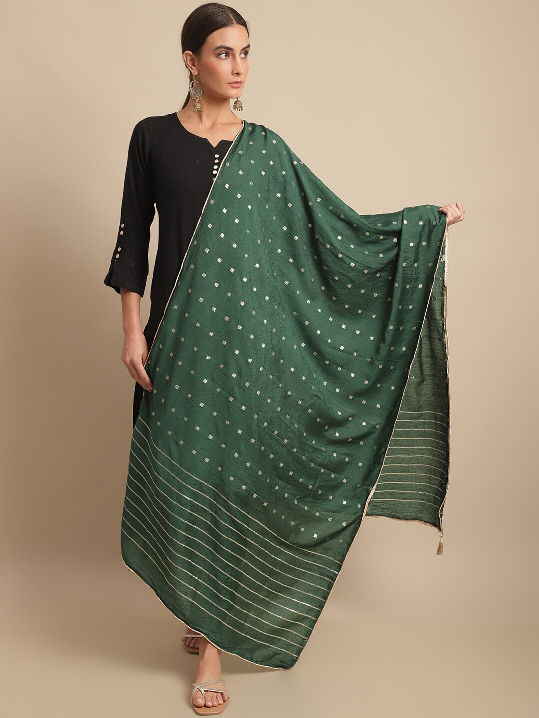 

LOOM LEGACY Ethnic Motifs Woven Design Art Silk Dupatta, Green