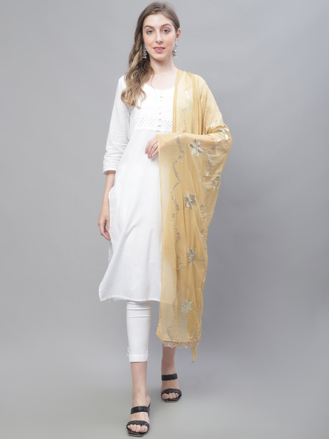 

LOOM LEGACY Floral Embroidered Sequinned Cotton Silk Dupatta, Gold