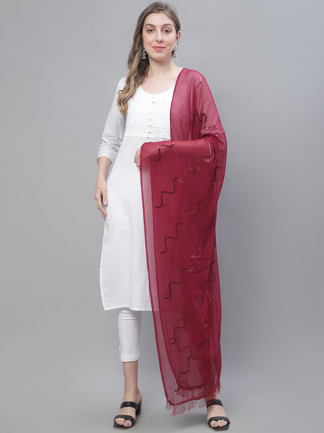 

LOOM LEGACY Embroidered Cotton Silk Dupatta, Maroon