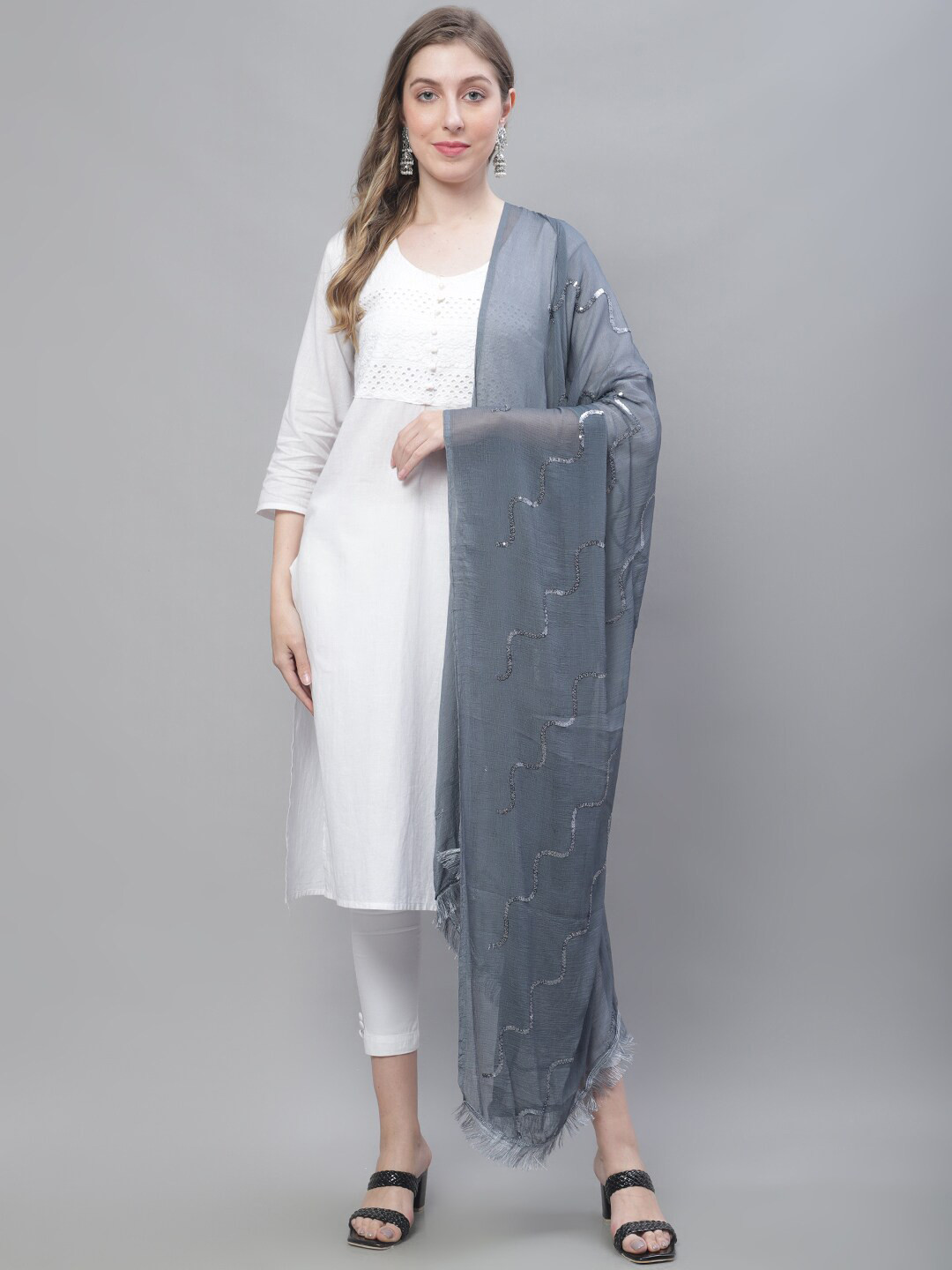 

LOOM LEGACY Embroidered Cotton Silk Dupatta, Grey