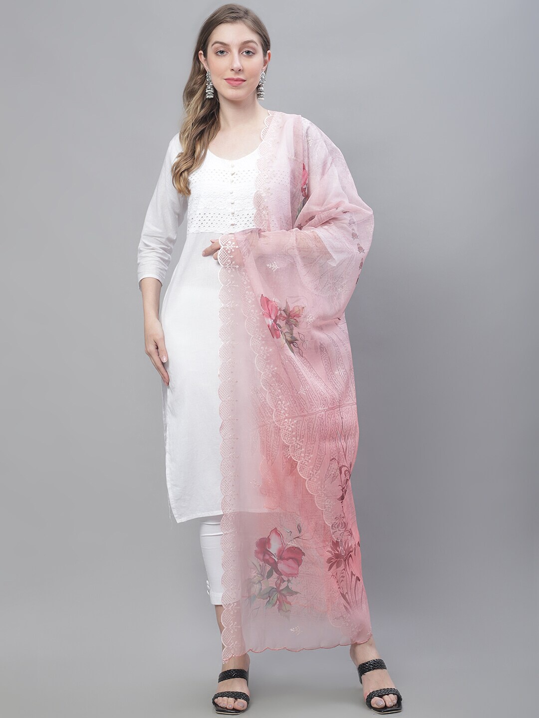 

LOOM LEGACY Floral Woven Design Organza Dupatta, Pink