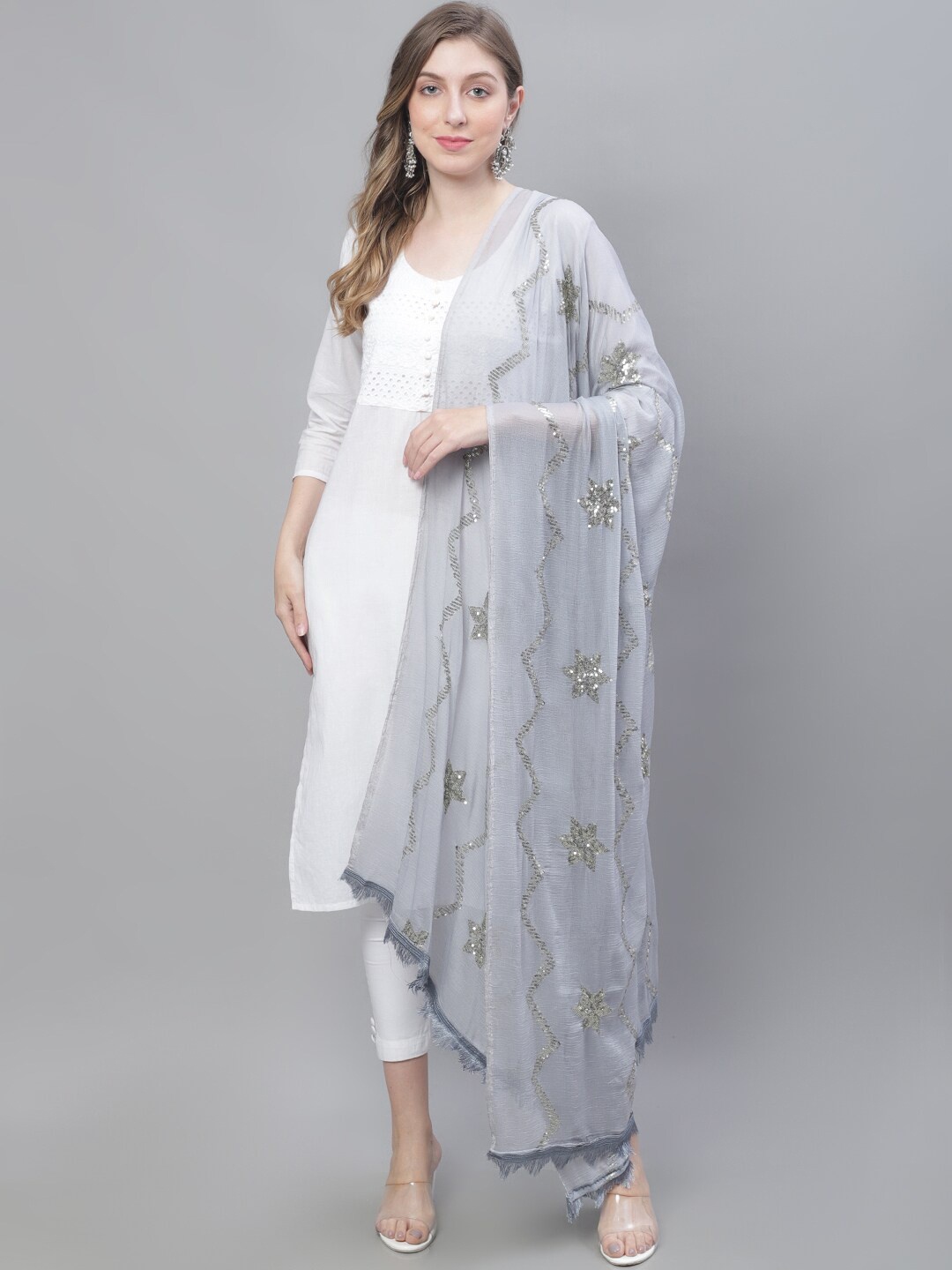 

LOOM LEGACY Floral Embroidered Cotton Silk Dupatta, Grey