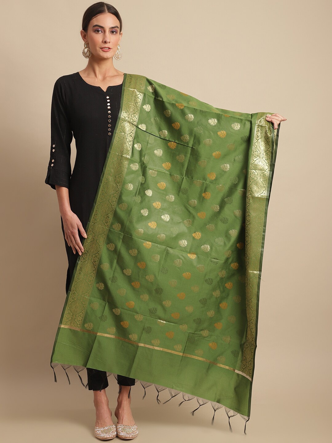 

LOOM LEGACY Ethnic Motifs Woven Design Dupatta with Zari, Green