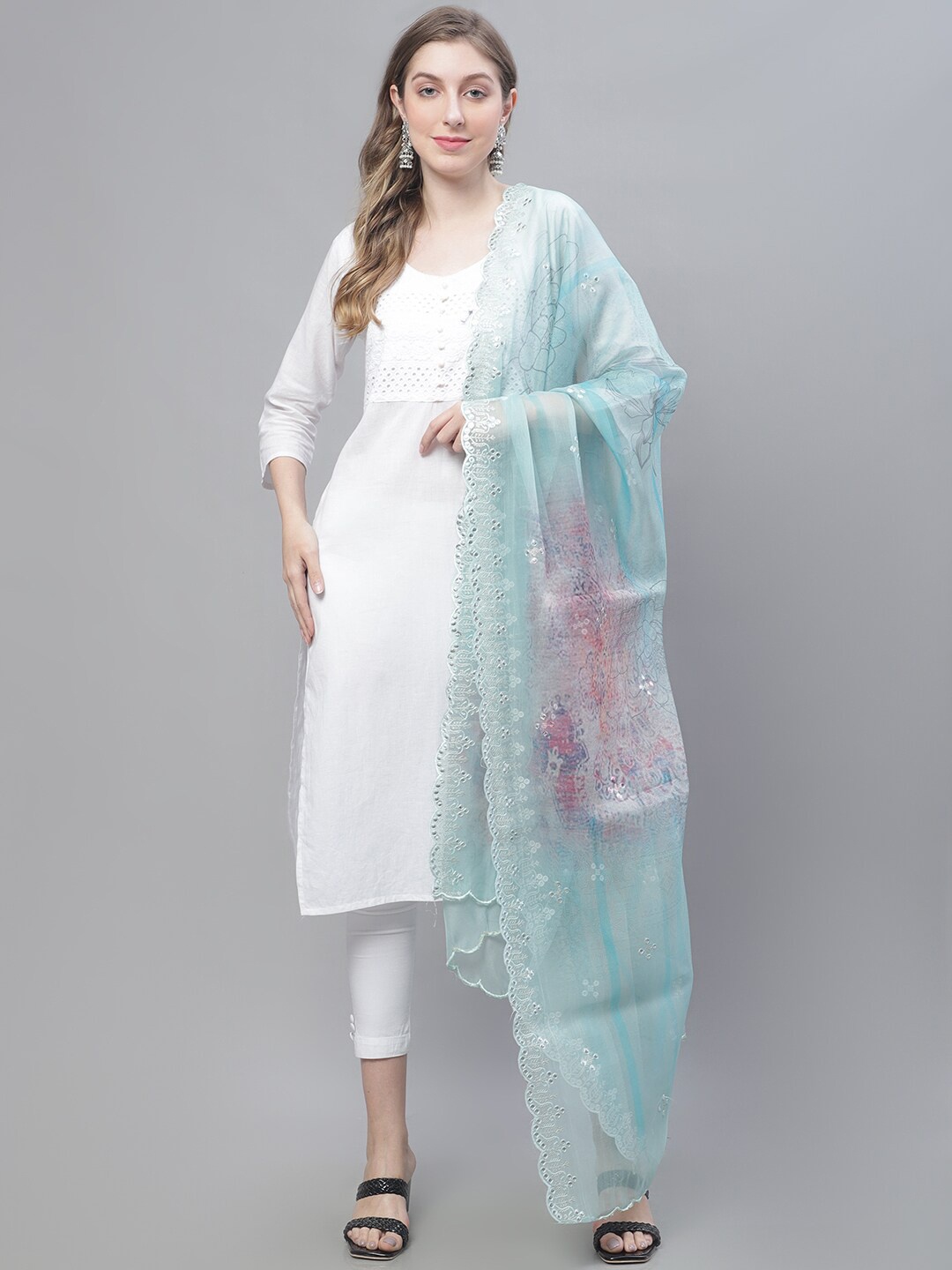 

LOOM LEGACY Floral Embroidered Organza Dupatta, Turquoise blue