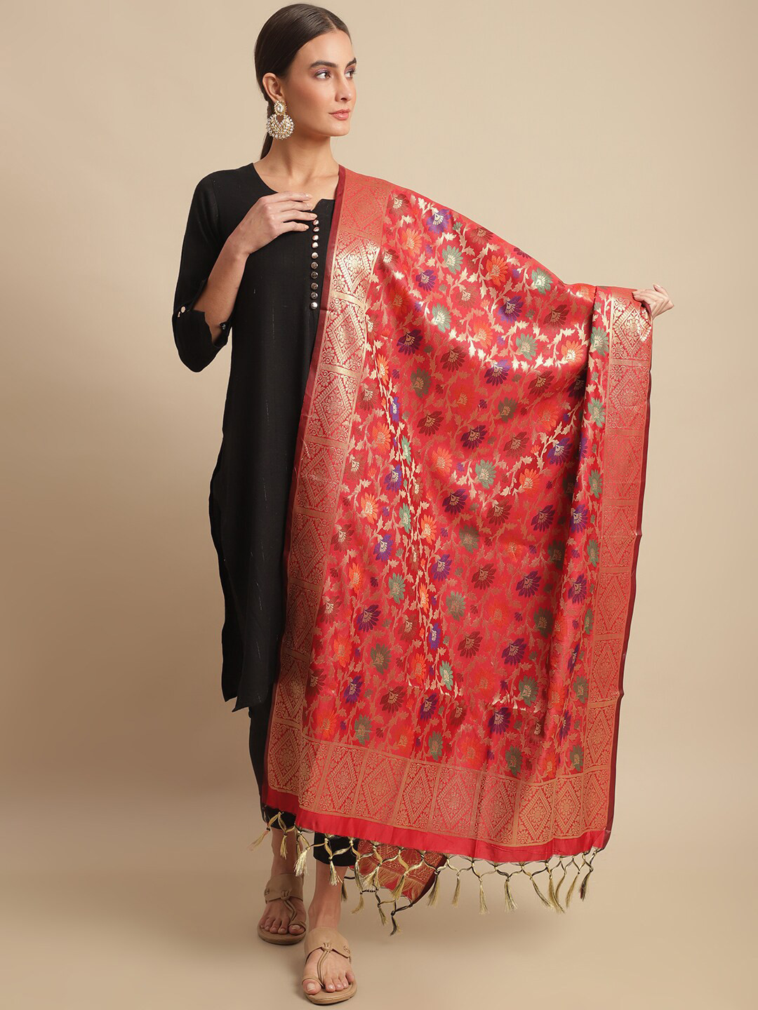 

LOOM LEGACY Floral Woven Design Cotton Silk Dupatta with Zari, Red