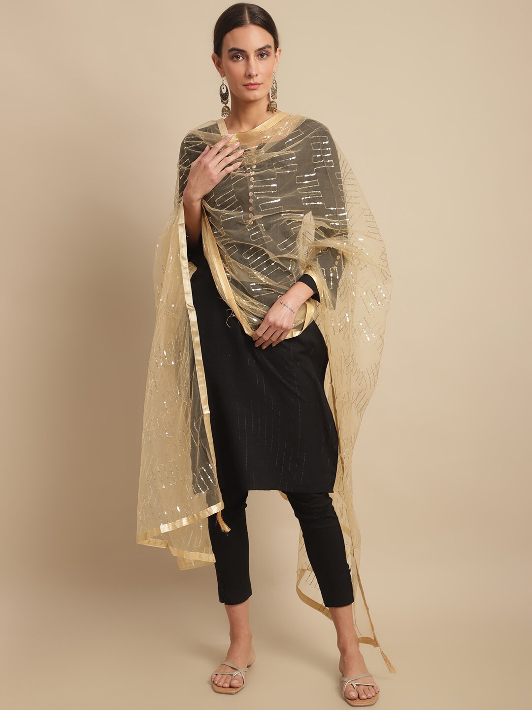 

LOOM LEGACY Embroidered Sequinned Net Dupatta, Gold