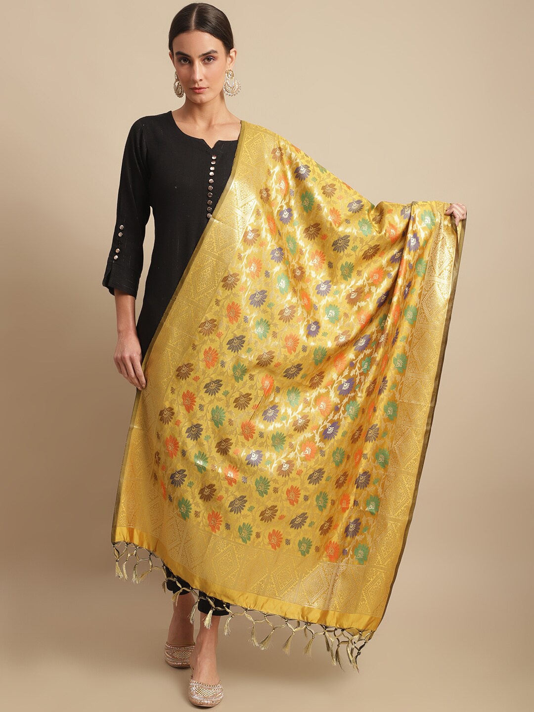 

LOOM LEGACY Floral Woven Design Cotton Silk Dupatta With Zari, Yellow