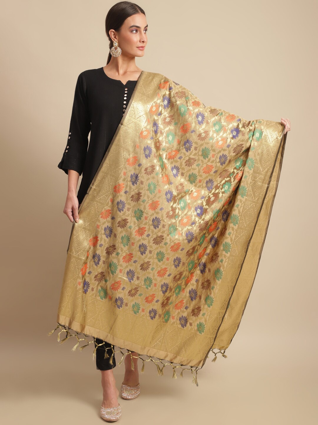 

LOOM LEGACY Woven Design Cotton Silk Dupatta with Zari, Gold