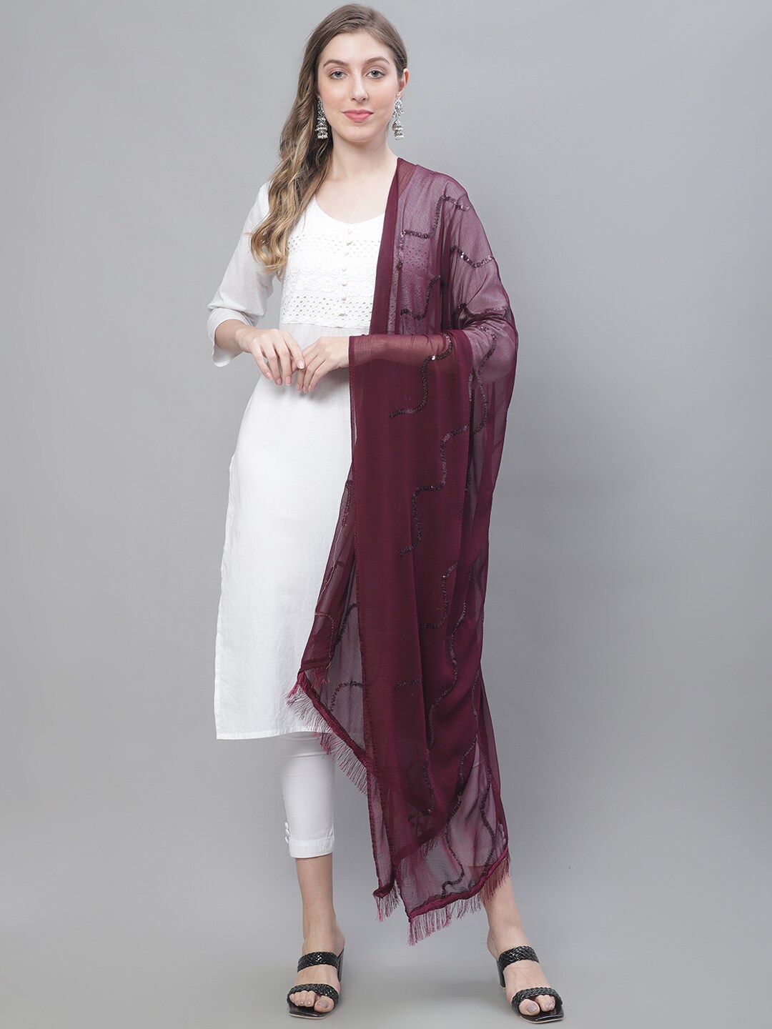 

LOOM LEGACY Embroidered Cotton Silk Dupatta With Sequinned, Purple