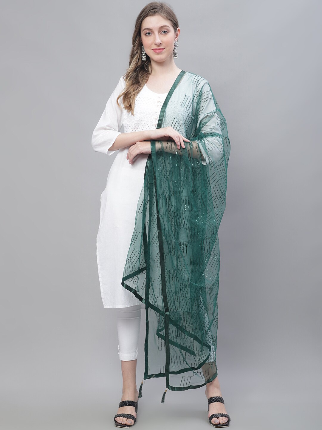 

LOOM LEGACY Embroidered Sequinned Net Dupatta, Green