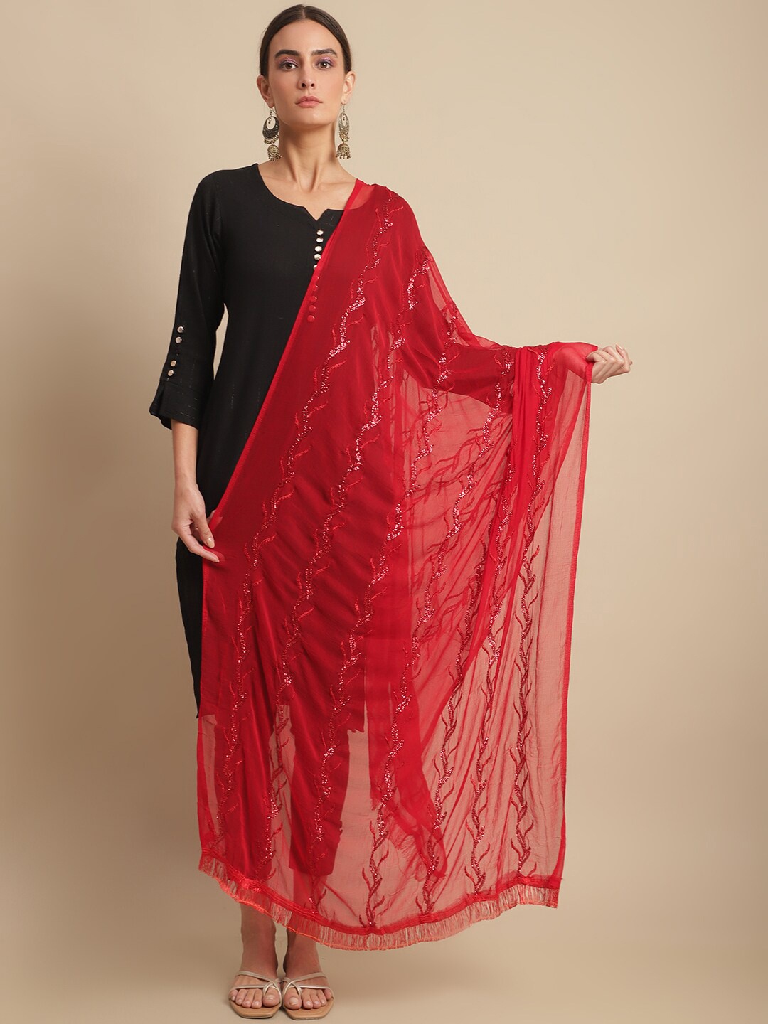 

LOOM LEGACY Embroidered Cotton Silk Sequinned Dupatta, Red