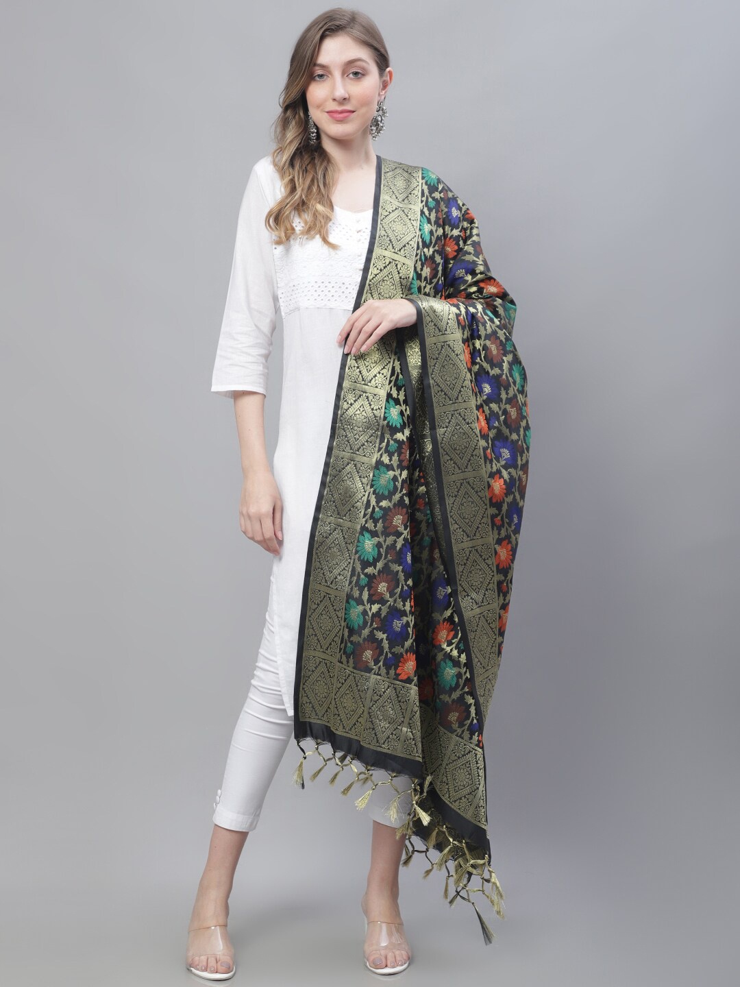 

LOOM LEGACY Floral Woven Design Cotton Silk Dupatta with Zari, Black