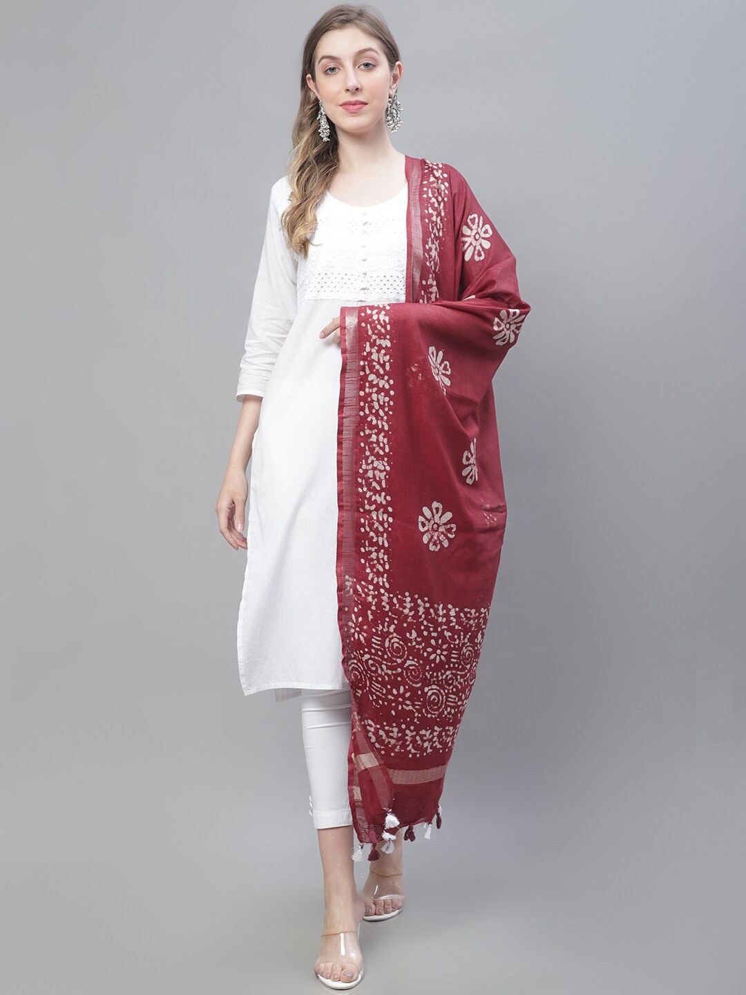 

LOOM LEGACY Ethnic Motifs Printed Cotton Silk Dupatta, Maroon
