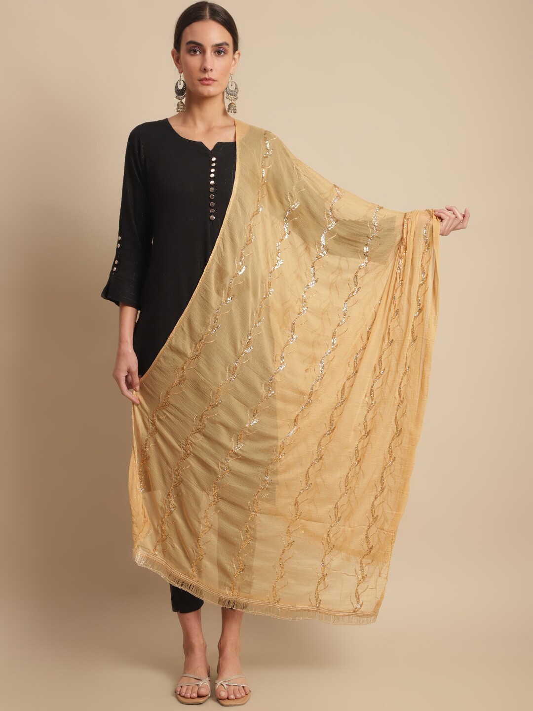 

LOOM LEGACY Embroidered Sequinned Cotton Silk Dupatta, Gold