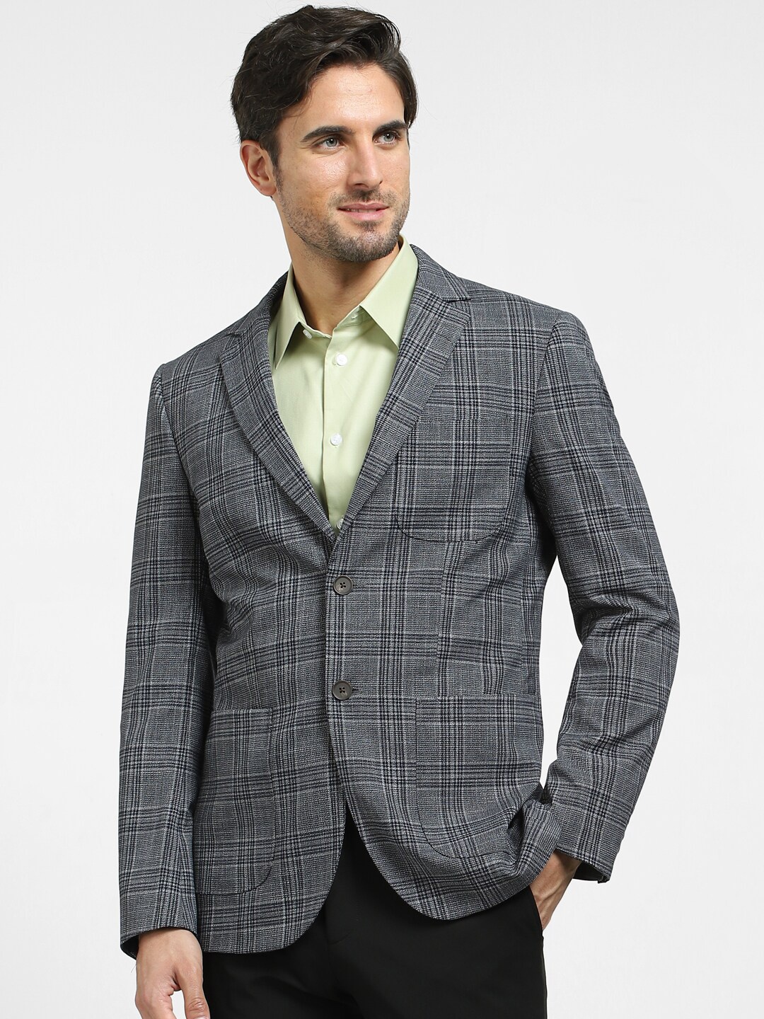 

SELECTED Checked Single-Breasted Notched Lapel Collar Slim-Fit Formal Blazer, Navy blue