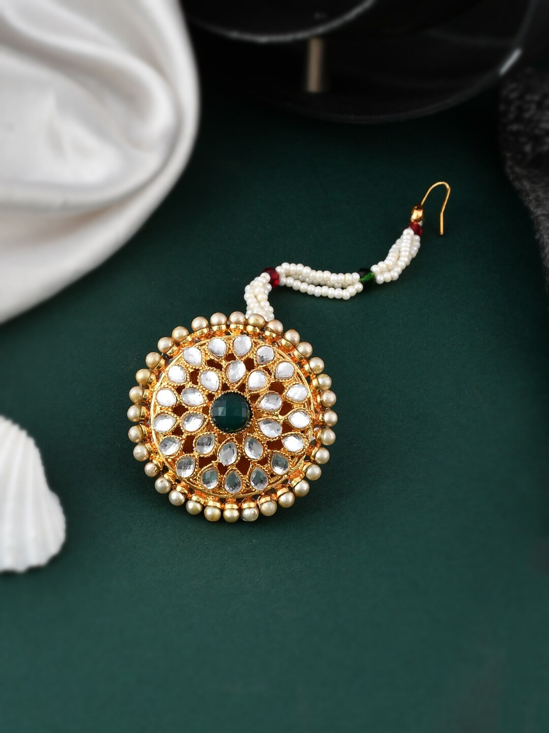

Silvermerc Designs Gold-Plated Kundan-Studded & Pearl Beaded Meenakari Maang Tikka