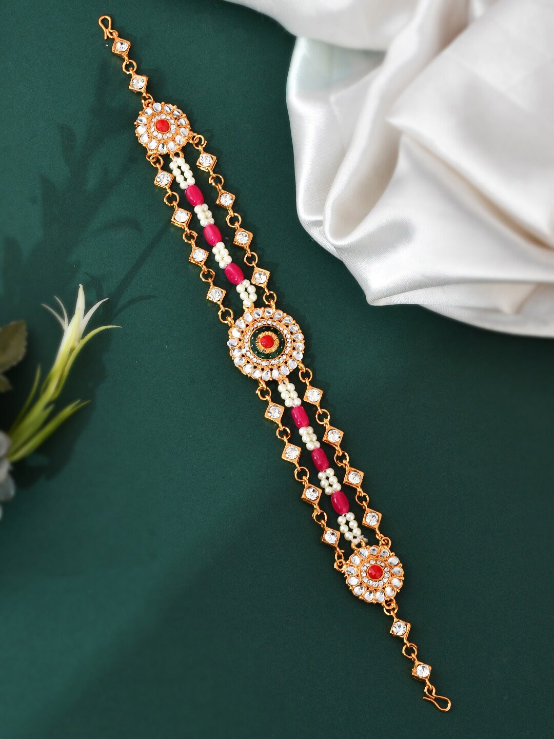 

Silvermerc Designs Gold-Plated Kundan-Studded & Pearl Beaded Sheeshphool