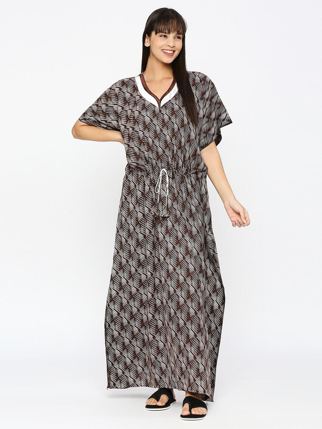 

Pretty Awesome Abstract Printed Maxi Kaftan Nightdress, Brown