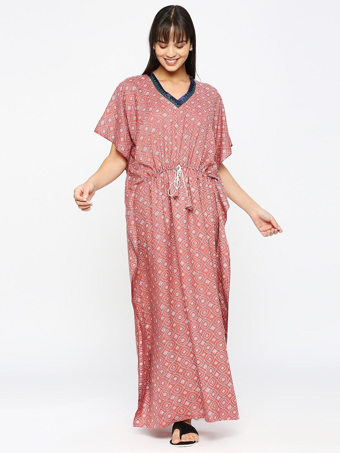 

Pretty Awesome Geometric Printed Maxi Kaftan Nightdress, Peach