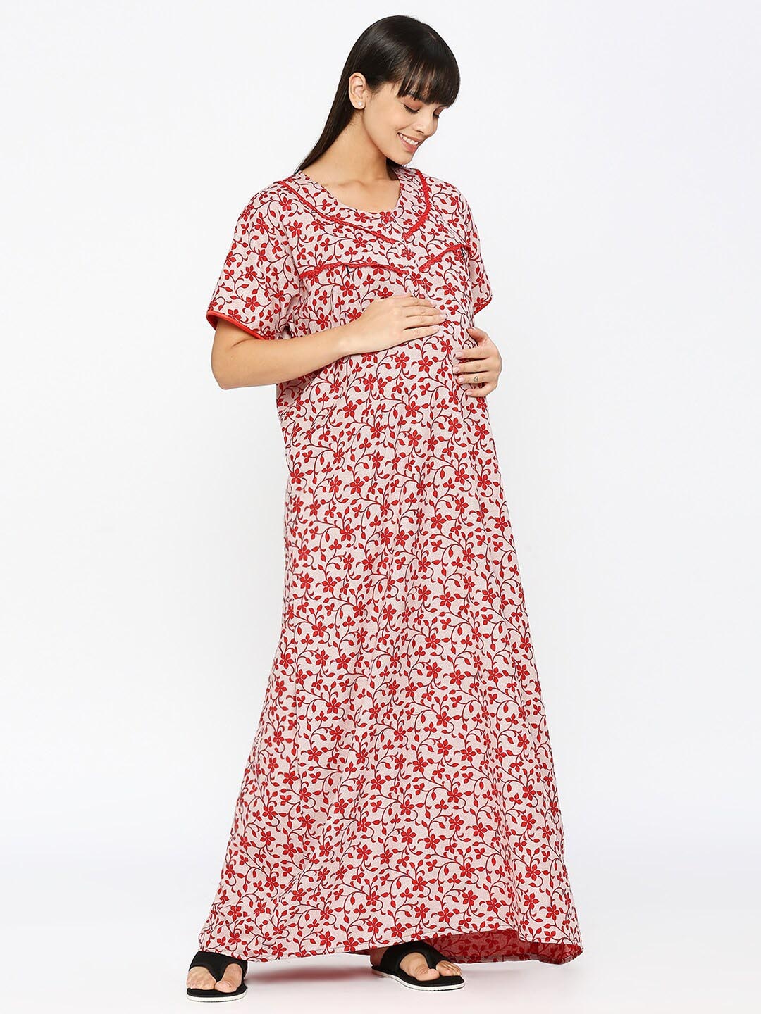 

Pretty Awesome Red Printed Maternity Maxi Nightdress