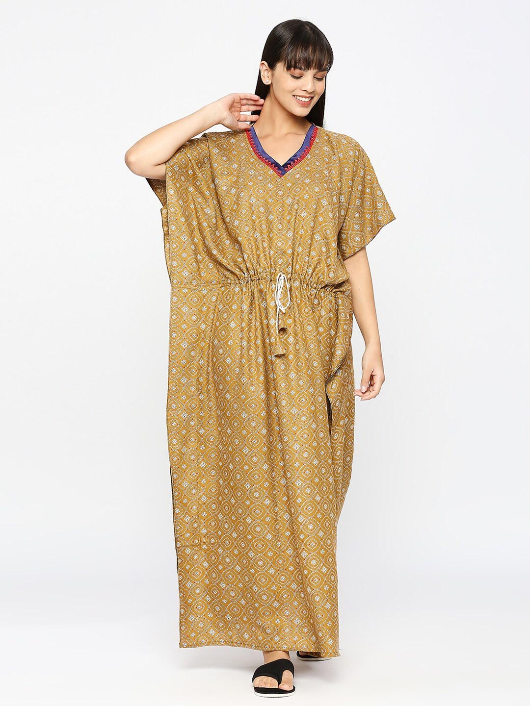 

Pretty Awesome Geometric Printed Maxi Kaftan Nightdress, Yellow
