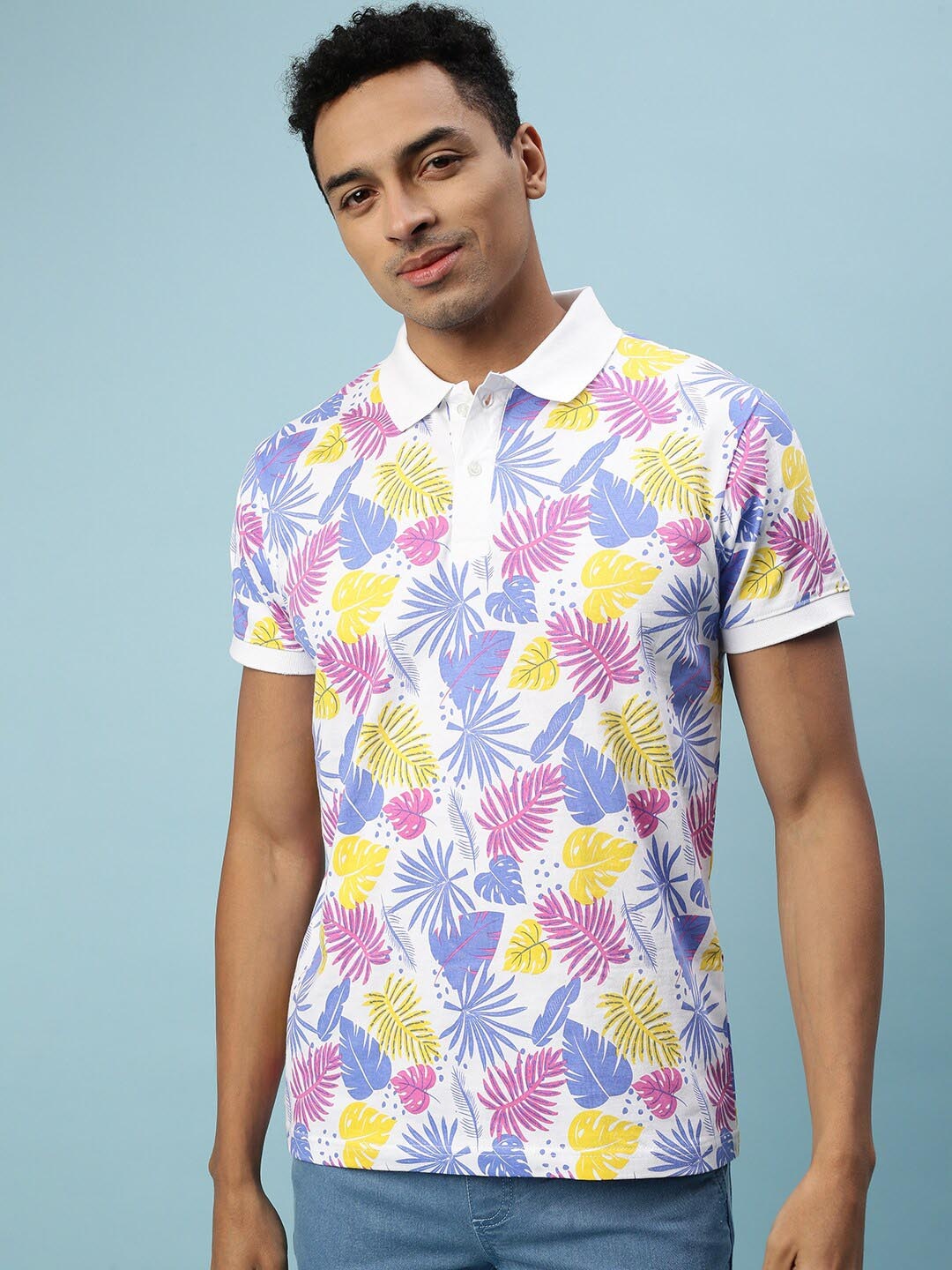 

VEIRDO White, Blue & Yellow Tropical Printed Polo Collar Cotton T-shirt