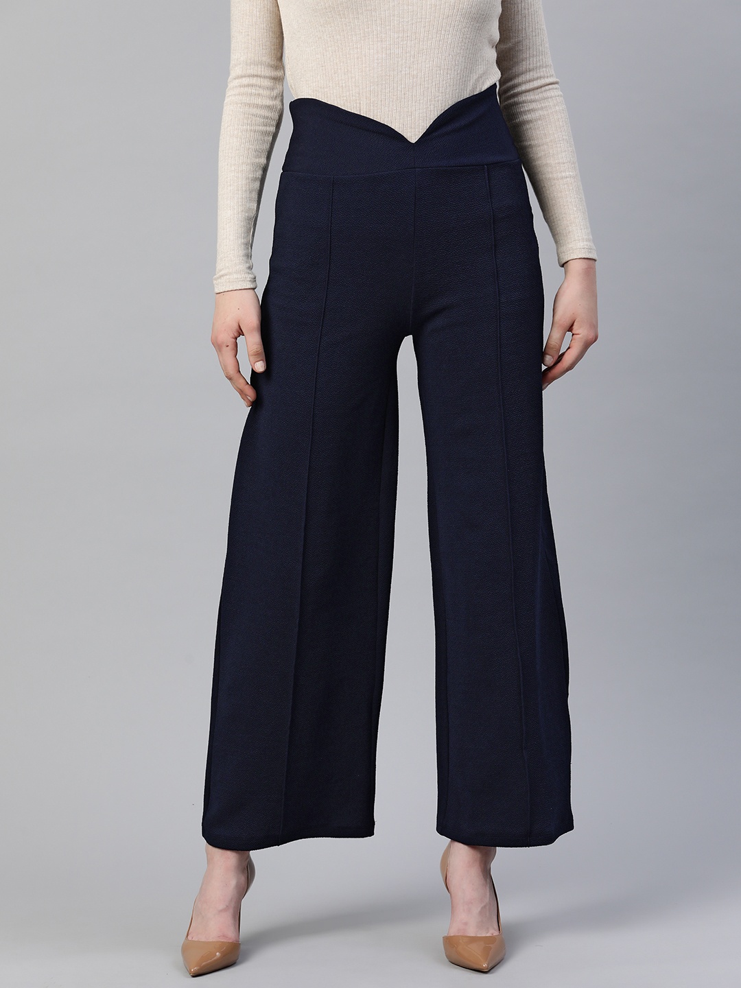 

plusS WORX Women Pleated Formal Trousers, Navy blue