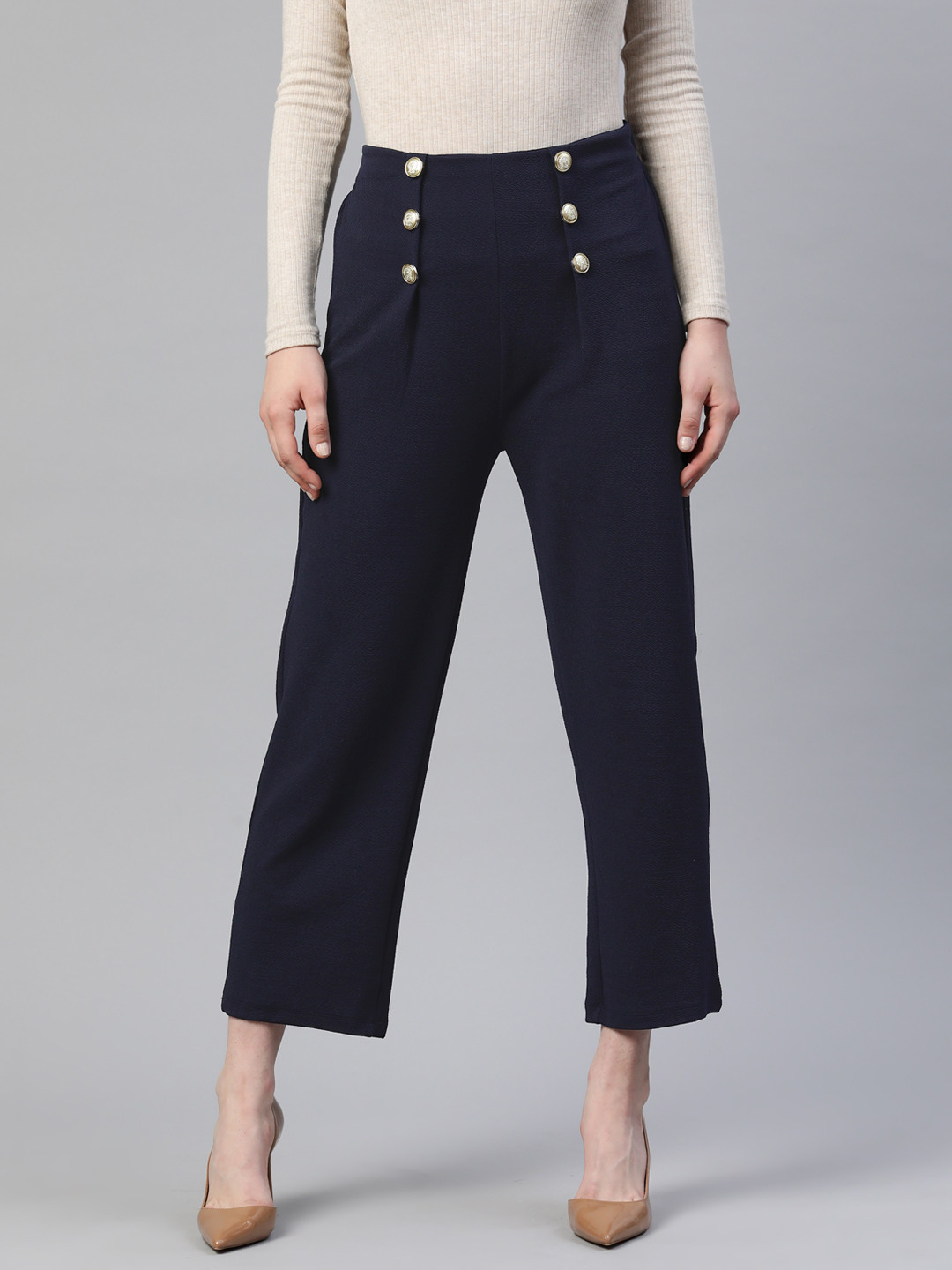 

plusS Women Cropped Trousers With Button Detail, Navy blue