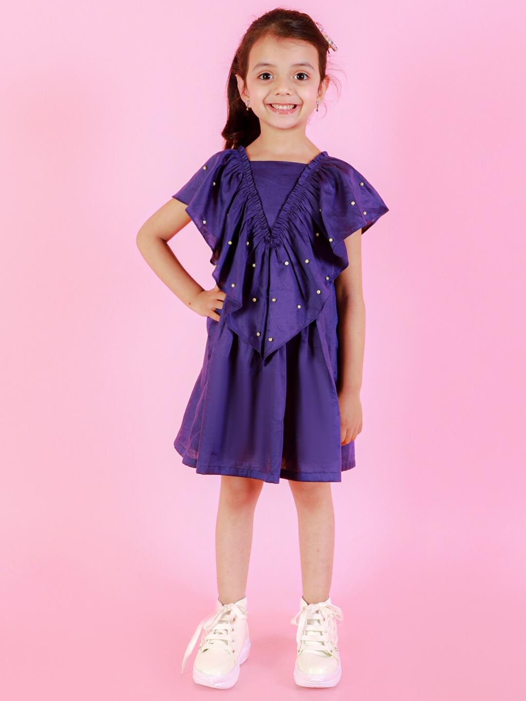 

LIL DRAMA Girls Flared Sleeve Fit & Flare Dress, Purple