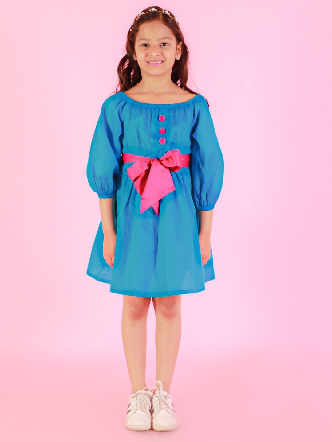 

LIL DRAMA Girls Square Neck Gathered Bow Cotton A-Line Dress, Blue