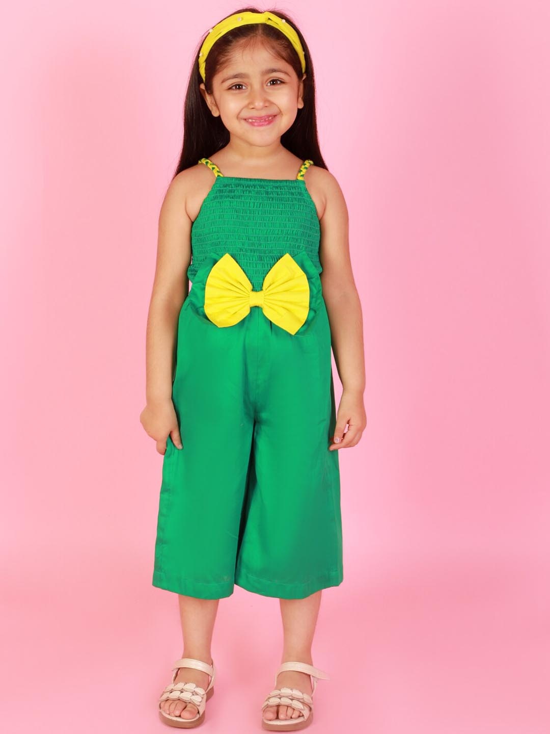 

LIL DRAMA Girls Smocked Pure Cotton Basic Jumpsuit, Green