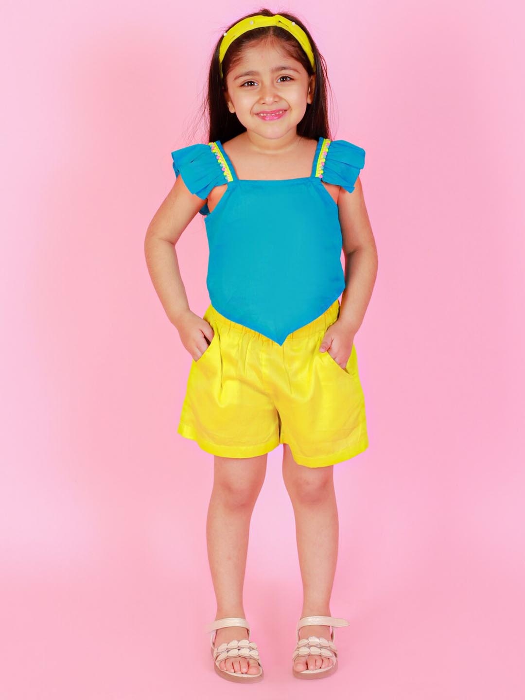 

LIL DRAMA Girls Pure Cotton Square Neck Top with Shorts, Blue