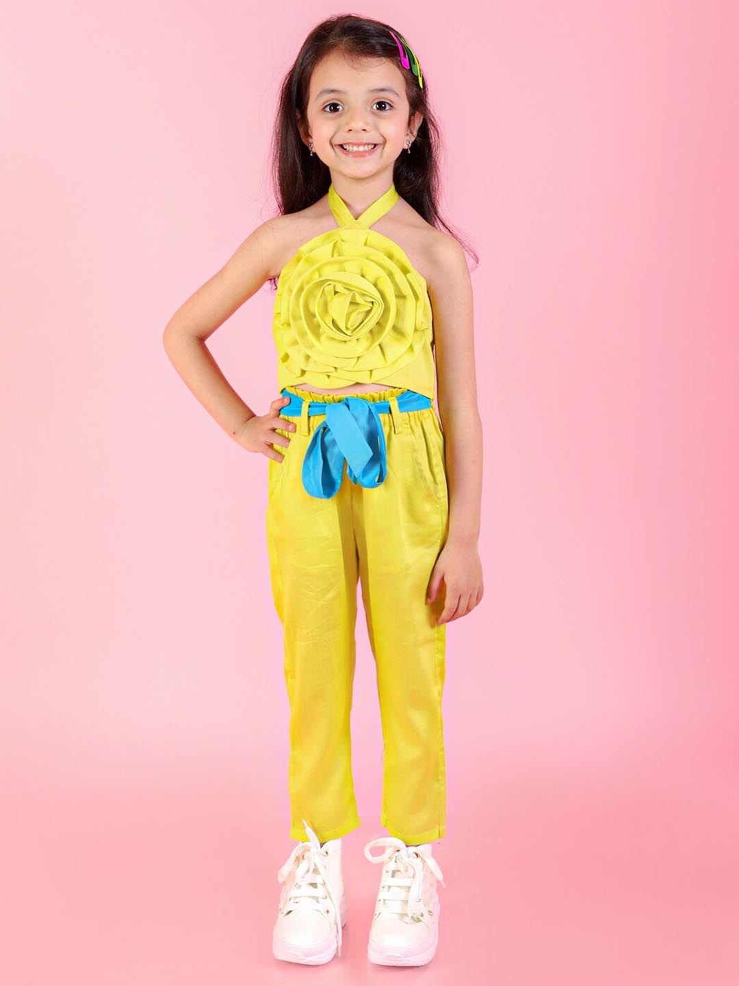 

LIL DRAMA Girls Pure Cotton Halter Neck Top with Trousers, Yellow