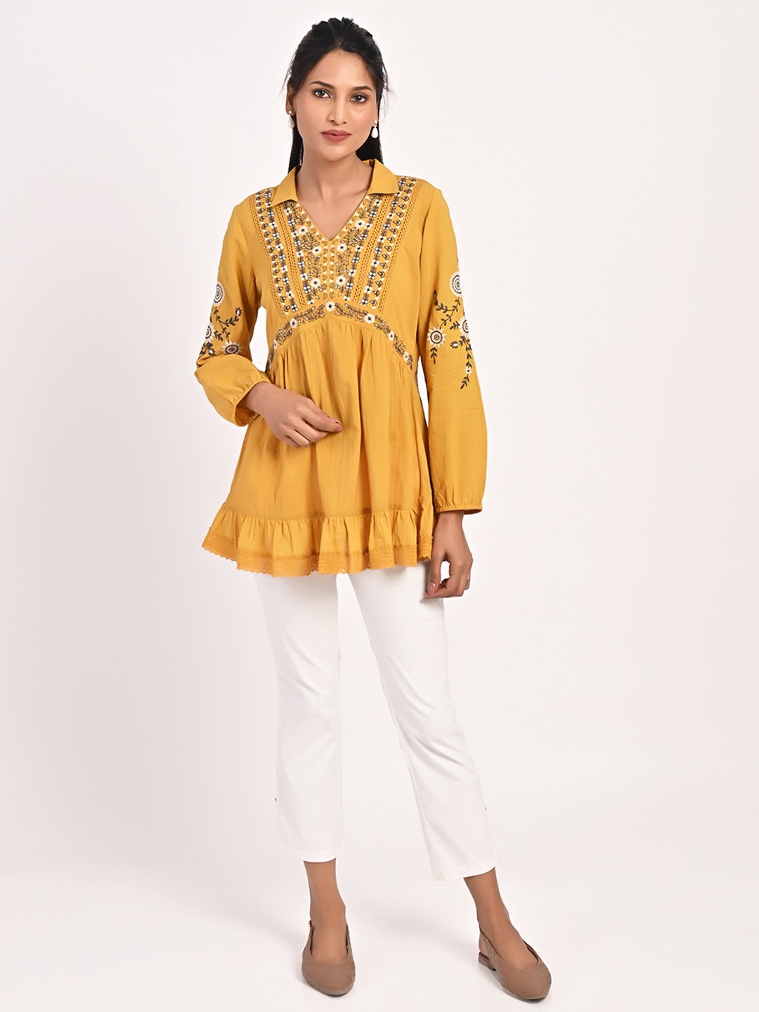 

Lakshita Ethnic Motifs Printed Shirt Collar A-Line Top, Mustard