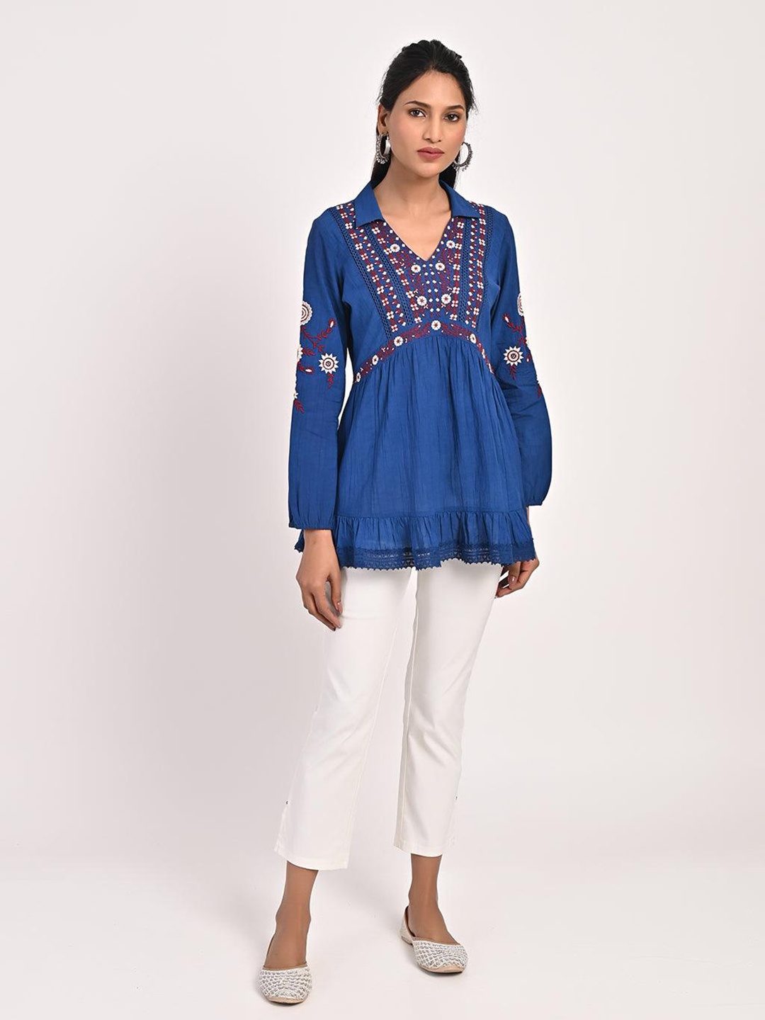 

Lakshita Ethnic Motifs Printed Shirt Collar A-Line Top, Blue