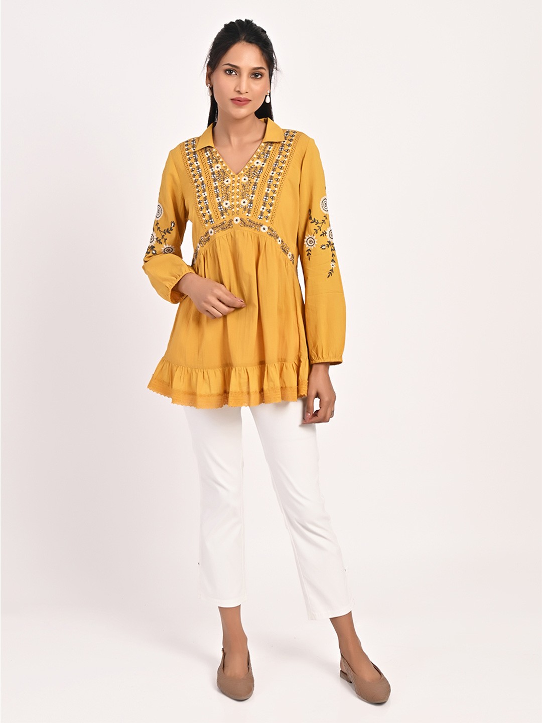 

Lakshita Ethnic Motifs Printed Shirt Collar A-Line Top, Mustard